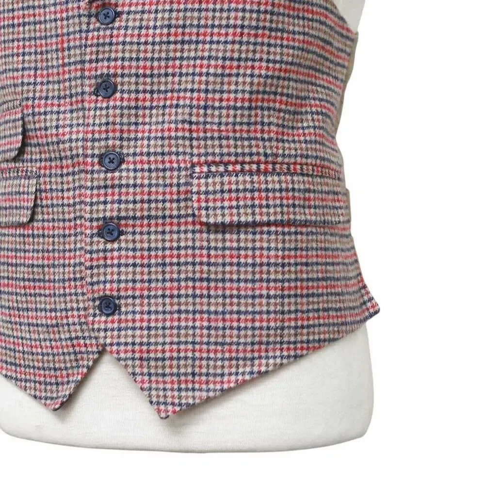 Mens Plaid Check Vest 44R Red Blue Beige Wool Waistcoat XL Western Casual Preppy